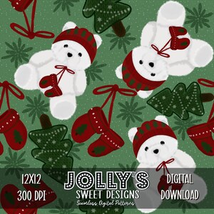 Könnte beinhalten: Digitales nahtloses Muster mit weißen Teddybären mit roten Mützen und Fäustlingen, grünen Weihnachtsbäumen und roten Fäustlingen auf grünem Hintergrund. Der Text "JOLLY'S SWEET DESIGNS" ist ebenfalls vorhanden.