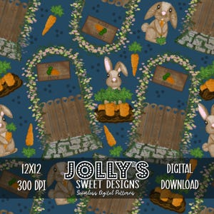 Peut inclure: Un motif numérique sans couture avec des lapins, des carottes, des clôtures en bois et des arches florales sur un fond bleu foncé. Le motif comprend le texte "JOLLY'S SWEET DESIGNS" et "TÉLÉCHARGEMENT NUMÉRIQUE". Le motif est de 12x12 pouces et 300 DPI.