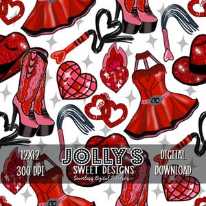 May include: A digital seamless pattern featuring red and pink illustrations of hearts, high-heeled boots, whips, and a dress. The text "JOLLY'S SWEET DESIGNS" and "DIGITAL DOWNLOAD" are also visible. The pattern is set against a white background with gray star shapes.