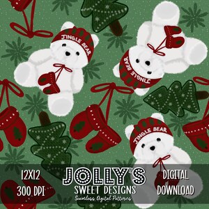 May include: A seamless digital pattern featuring white teddy bears wearing red hats and mittens with the text "Jingle Bear". The design also includes red mittens, green Christmas trees, and snowflakes on a green background. The text "JOLLY'S SWEET DESIGNS" is also present.