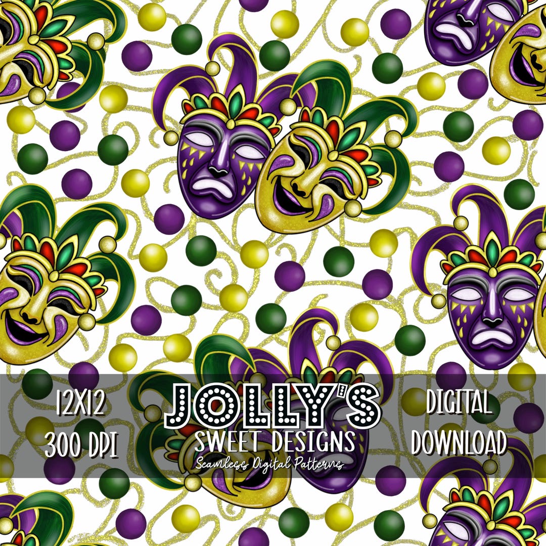 Comedy Pattern Mardi Gras Comedy Tragedy Masks WHITE BACKGROUND Seamless Digital ...