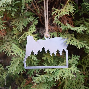 May include: A silver metal ornament shaped like the state of Oregon with a silhouette of trees inside. The ornament is hanging from a brown twine string.