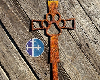 Metal Paw Print Memorial Cross - Rustic Pet Remembrance Ground Stake