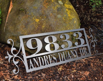 Horizontal Metal Outdoor Home Address Sign End Flourish | Custom Address Sign | Personalized House Number Plaque | Address Plaque