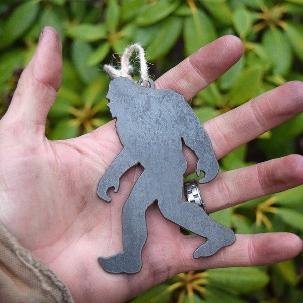 Sasquatch Ornament Metal | Bigfoot Ornament | Outdoors | Raw Steel Sasquatch | Rearview Mirror | Christmas Ornament | Metal Sasquatch