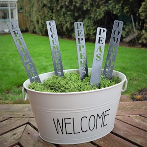 May include: Five metal garden markers with the words "Lettuce", "Cucumbers", "Peppers", "Peas", and "Tomato" are displayed in a white planter with the word "Welcome" on the side. The planter is filled with green moss.