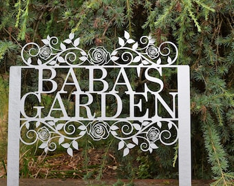 Custom Metal Staked Garden Sign with Roses | Custom Metal Name Sign | Metal Custom Garden Art Metal Garden Sign Yard Art Garden Decoration