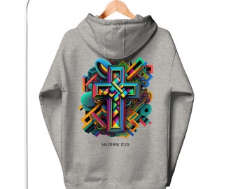 Abstract Cross Unisex Hoodie - Matthew 17:20 Verse, Stylish Faith Apparel, Unique Gift, Trendy Religious Wear for All, Christian Clothing