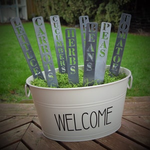 May include: A white metal bucket with the word "WELCOME" printed on the side. The bucket is filled with green moss and contains eight metal plant markers with the words "LETTUCE", "CARROTS", "CUCUMBERS", "HERBS", "BEANS", "PEAS", "TOMATOE" printed on them.