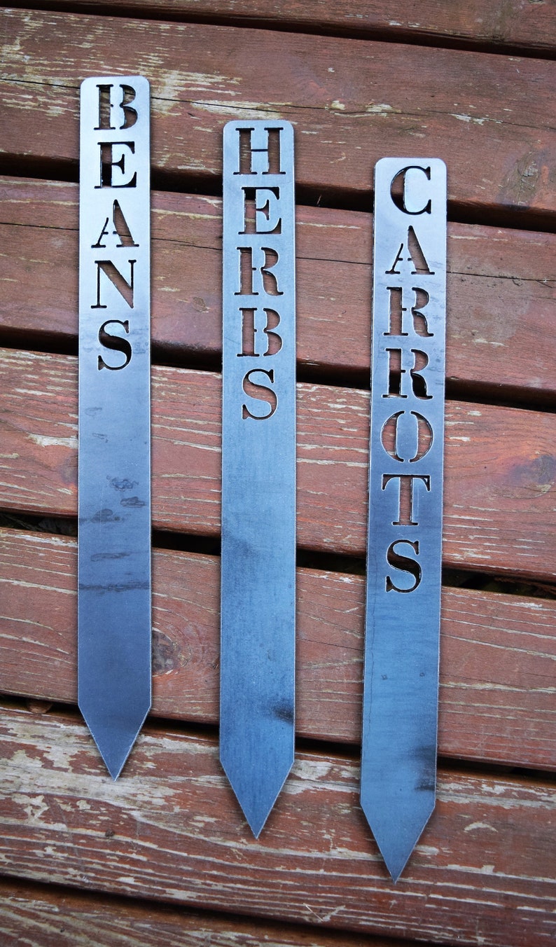 May include: Three metal garden markers with pointed ends. The markers are labelled "BEANS", "HERBS", and "CARROTS" in a simple, blocky font.