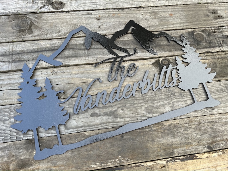 Personalized Metal Name Sign | Family Name Sign | Mountains Trees Woods Forest Sign | Steel Family Name Sign