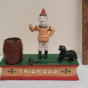 Vintage 1950s Dog and Clown Cast Iron Mechanical Bank