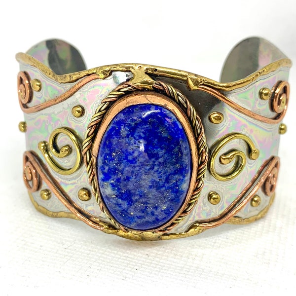 Semi Precious Lapis Lazuli Cuff Bracelet Mixed Metals - Brazalete de mezcla de metales y piedra semi preciosa Lapiz