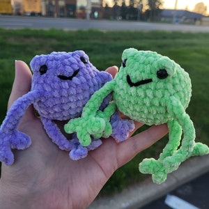 May include: Two crocheted frog plushies, one purple and one green, with smiling faces and black eyes. The frogs are sitting on a person's hand.