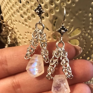 Rainbow Moonstone Sterling Silver Byzantine Chainmail Earrings #1