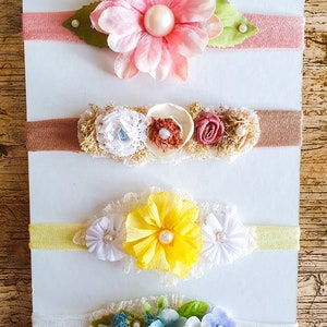 4x Newborn headband, baby photography headband, headband baby shoot, newborn props, girls headband, headband, Tieback, flowers, Christening.