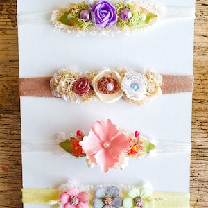 4x Newborn headband, baby photography headband, headband baby shoot, newborn props, girls headband, headband, Tieback, flowers, Christening.