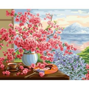 Japan PAINT by NUMBERS DIY Kit for Adult & Kids, Snow Mount Fuji Cherry  Blossoms ,easy Beginners Acrylic Painting Kit,home Decor Gift 
