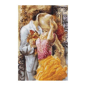 May include: A painting depicting a couple kissing. The woman is wearing a yellow dress and a hat. The man is wearing a white suit and holding a bouquet of flowers.