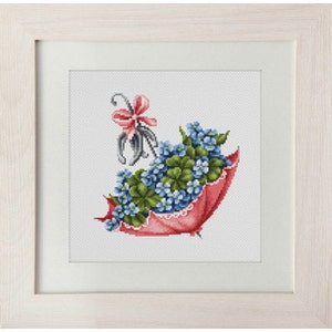 May include: A pink umbrella with a white lace trim filled with blue forget-me-not flowers and green leaves. A pink bow is attached to the handle.