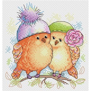 May include: Two orange birds wearing hats and holding a pink flower. The bird on the left is wearing a purple and white hat with a pom-pom. The bird on the right is wearing a green hat. The birds are perched on a branch with green leaves.