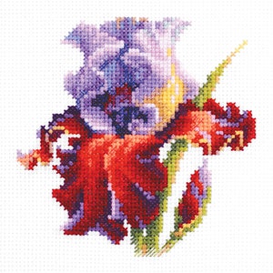May include: A cross-stitch embroidery of a red and purple iris flower with green leaves.
