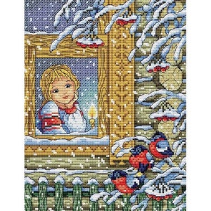 Könnte beinhalten: Ein Kreuzstichmuster mit einem Mädchen, das aus einem Fenster auf eine verschneite Winterlandschaft schaut. Drei Rotkehlchen sitzen auf Ästen vor dem Fenster.