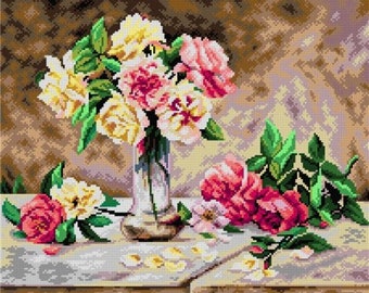 TAPESTRY CANVAS Still Life of Pink and Yellow Roses after Emile Vernon 40X50cm 2602M