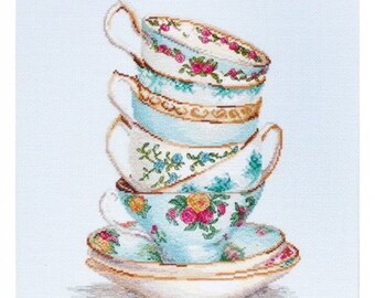 Cross Stitch Kit Turquoise Themed Tea Cups 20 Ct B2325 - Etsy Ireland