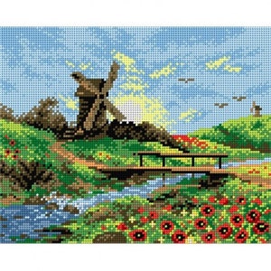 May include: A painting of a windmill in a green field with a small wooden bridge over a stream. The sky is blue with white clouds and there are red flowers in the foreground.