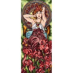 May include: A cross-stitch design featuring a woman with red hair and blue eyes, adorned with a flower. She is surrounded by a decorative circular frame and a bed of red irises. The background is a light green.