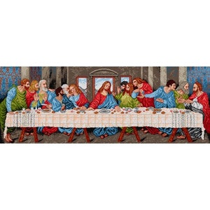 May include: A painting depicting the Last Supper, a scene from the Bible. Jesus sits at the centre of a long table with 12 disciples. The painting is done in a realistic style with detailed figures and a warm colour palette.