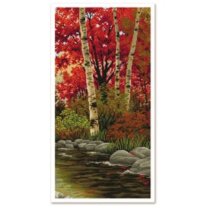 May include: A painting of a forest scene with tall birch trees and red and orange leaves. A small stream flows through the forest with rocks along the banks.