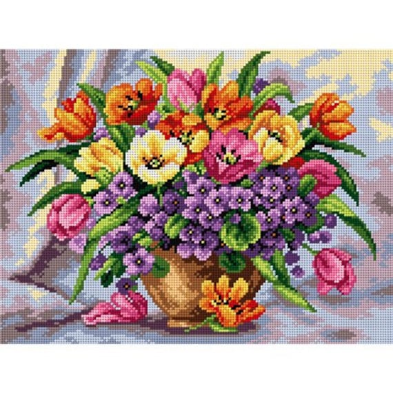 タペストリー キャンバス 春の花が描かれた花瓶 30 x 40 cm