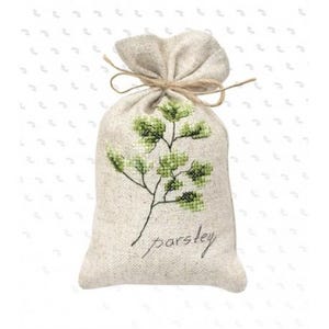 May include: A beige linen bag tied with twine, featuring a green embroidered parsley sprig and the word "parsley" in script. The bag is filled and tied at the top.