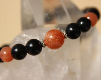 bracelet with rainbow obsidian beads, sun stone