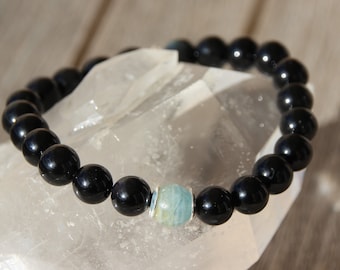 obsidian bracelet; blue calcite