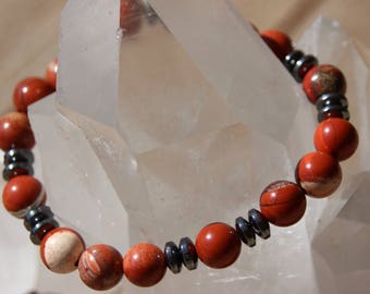 bead bracelet in red jasper and hematite washers