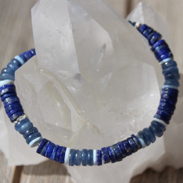 bracelet rondelles lapis lazuli ; cyanite ; opale bleue