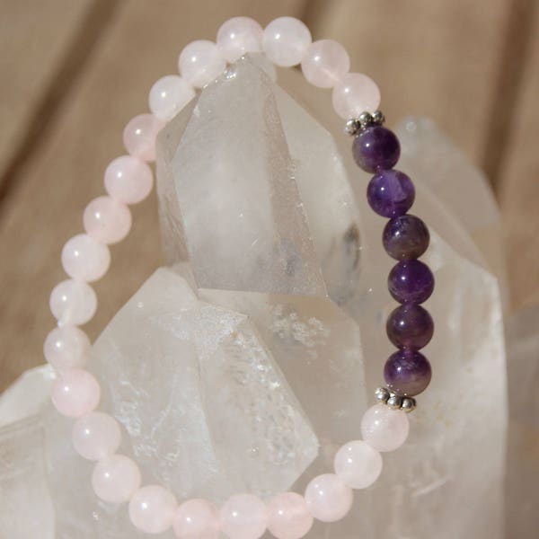 bracelet quartz rose , améthyste, perles 6 mm