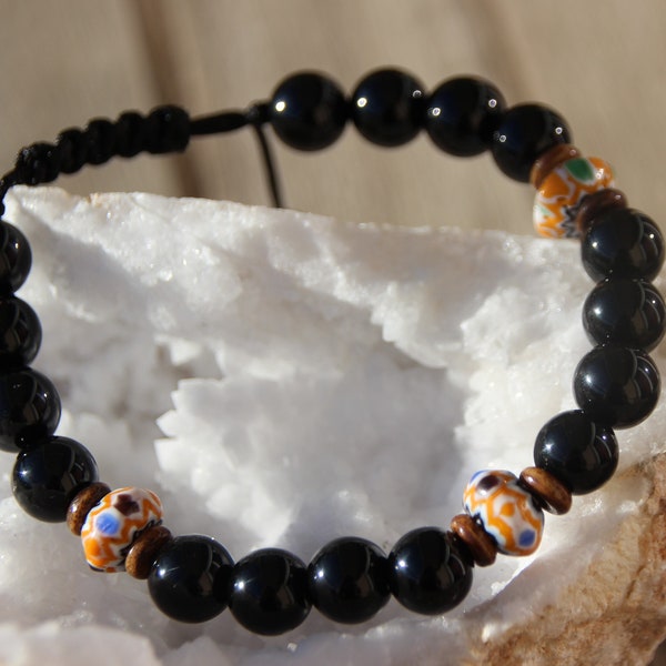 bracelet onyx agate ; perle népalaise chevron