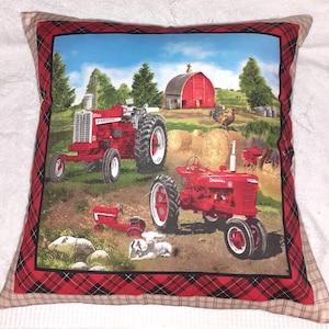 On the Farm Tractors with lambs on farm cushion/pillow