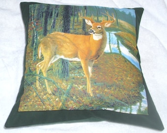 cushionDeer Stag by a river in an Autumnal Wood cushion pillow
