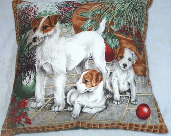 Jack Russel Mum and pups in the garden cushion pillow