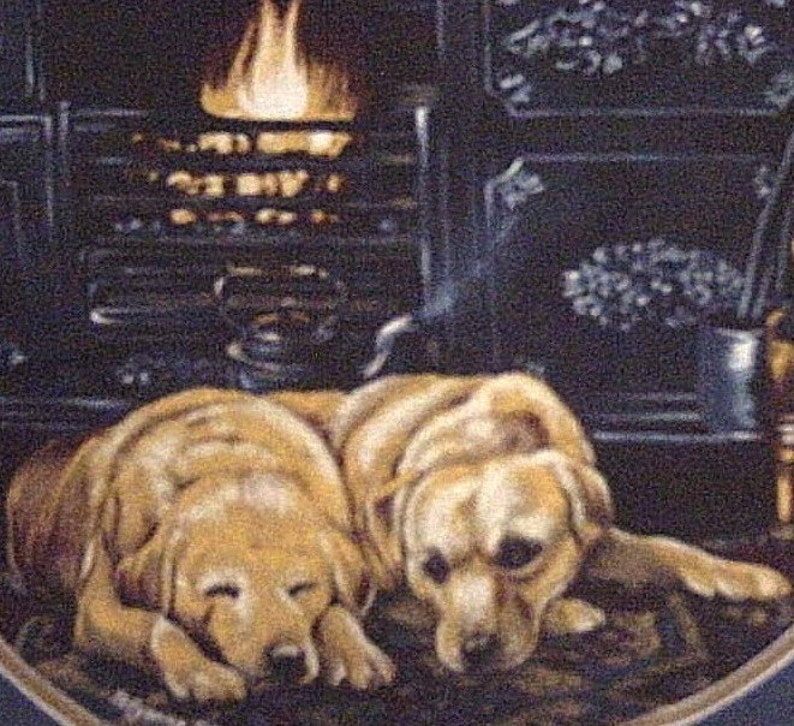 Pu&ograve; includere: Due golden retriever dormono davanti a un camino. I cani sono rannicchiati insieme, con la testa appoggiata sul pavimento. Il camino &egrave; in mattoni e ha un fuoco acceso al suo interno. I cani si trovano in un ambiente accogliente e confortevole.