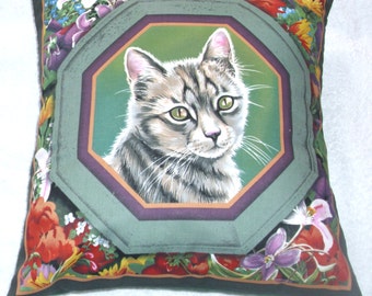 Silver grey Tabby cat portrait cushion pillow