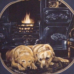 Pu&ograve; includere: Due golden retriever sono rannicchiati davanti a un camino. Il camino &egrave; nero con un fuoco che brucia all'interno. I cani dormono pacificamente.