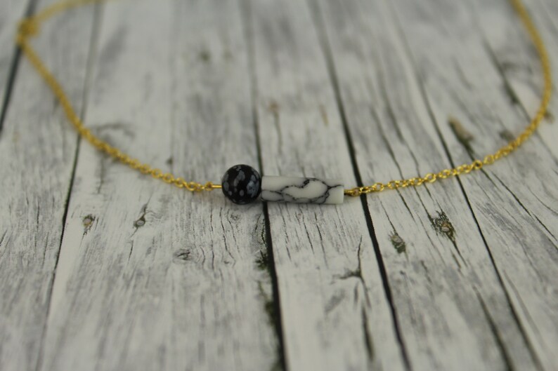 short necklace with howlite and snowflake obsidian white black gold mixed image 1