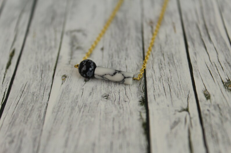 short necklace with howlite and snowflake obsidian white black gold mixed image 5