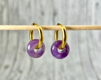 Ohrringe Creolen Donut Linse Amethyst gold lila Hoop Großlochperle Boho